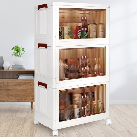 Storage Bins with Lids, 3 Pack Multifunctional Collapsible Storage Containers with Wheels, 8.4Gal Clear Plastic Clothes Closet Organizer for Home and Office (White)