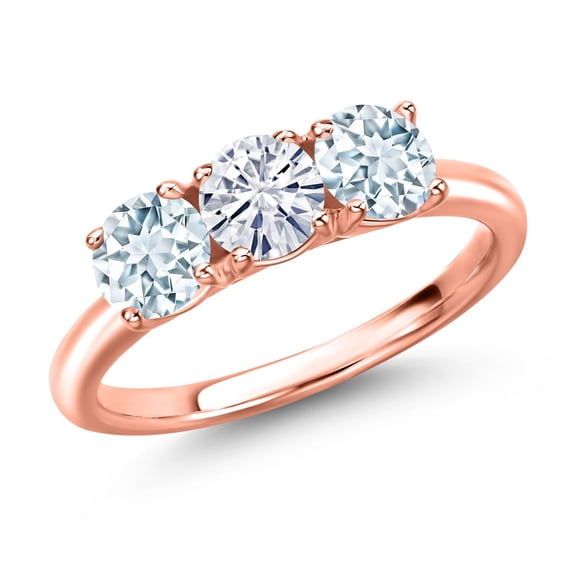 Gem Stone King 18K Rose Gold Plated Silver White Moissanite and Sky Blue Aquamarine Engagement Ring for Women | 1.50 Cttw | Round 5MM | Gemstone Birthstone | Size 9