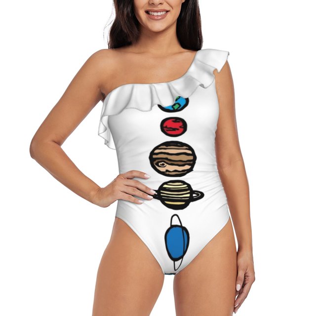 Planets Colour Deep V-Neck Halter One-Piece Swimsuit Ladies Monokini Beach Bathing Suits Swimwear Planets Geeleebee Tpdesigns