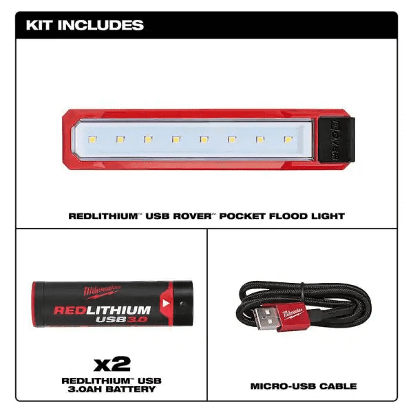 Milwaukee 2112-22H 445 Lumens LED USB Rover Pocket Flood Light Kit with (2) USB 3.0 Ah Batteries