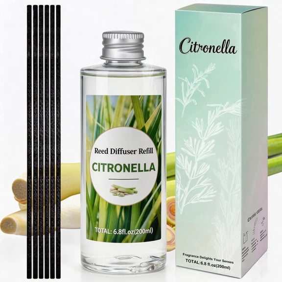 LA BELLEFÉE Reed Diffuser Refill 200ml, Long Lasting Citronella Lemongrass Fragrance with 6 Sticks, Fresh Scent Home Air Freshener for Everyday Use