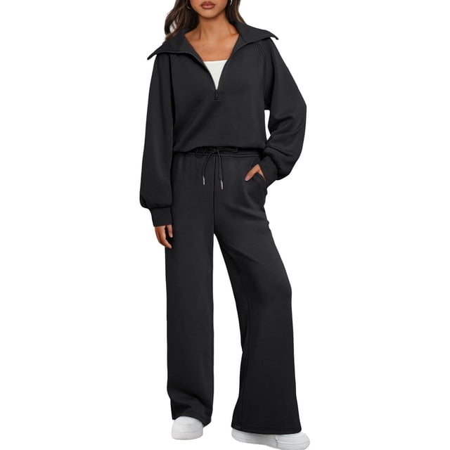 Womens 2 Piece Sweatsuits Loungewear Sets Quarter Zip Pullover Sweatshirts with Wide Leg Sweatpants