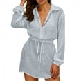 thumbnail image 2 of QATAINLAV Gray Women's Long Sleeve T-Shirts Dress Quarter Button Collar Drawstring Cinched Waist Mini Dresses L, 2 of 7