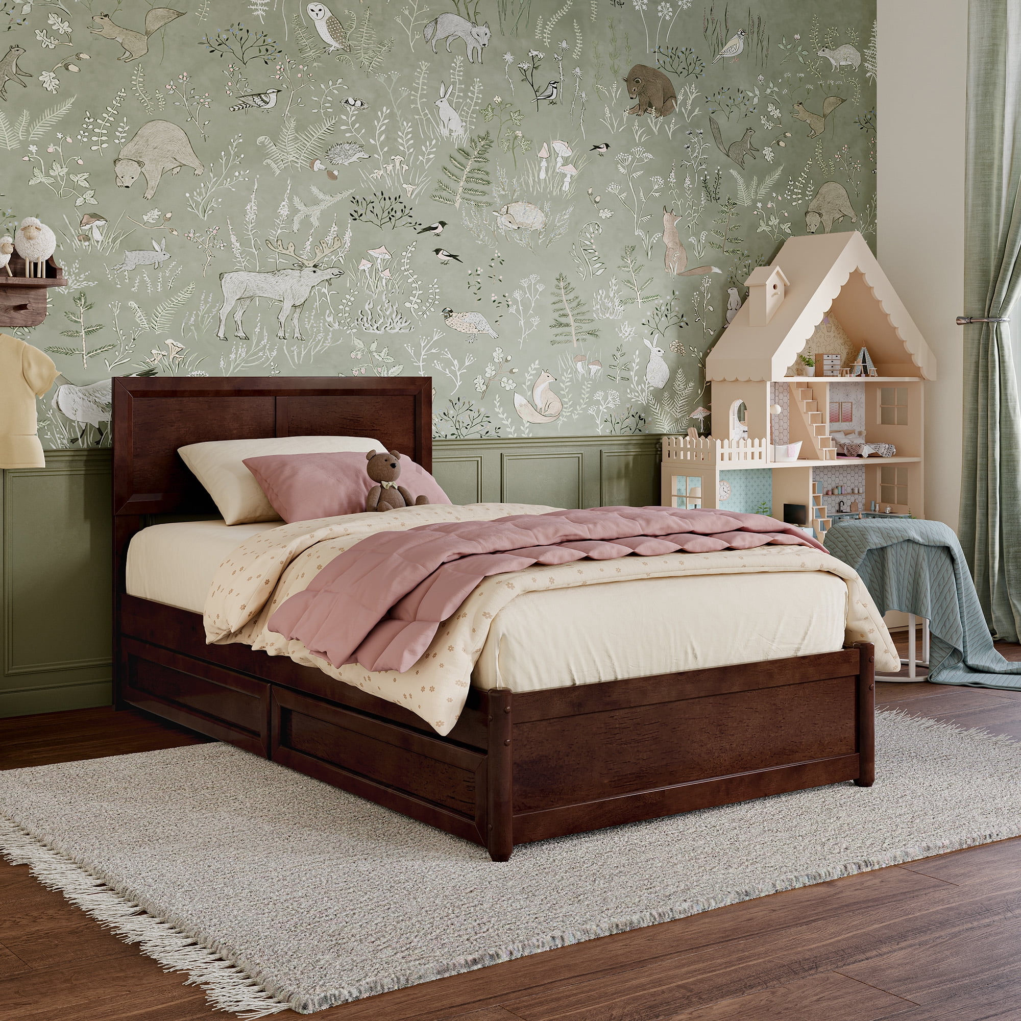 AFI Lylah Twin Wood Platform Bed with Panel Footboard and Storage Drawers, Walnut