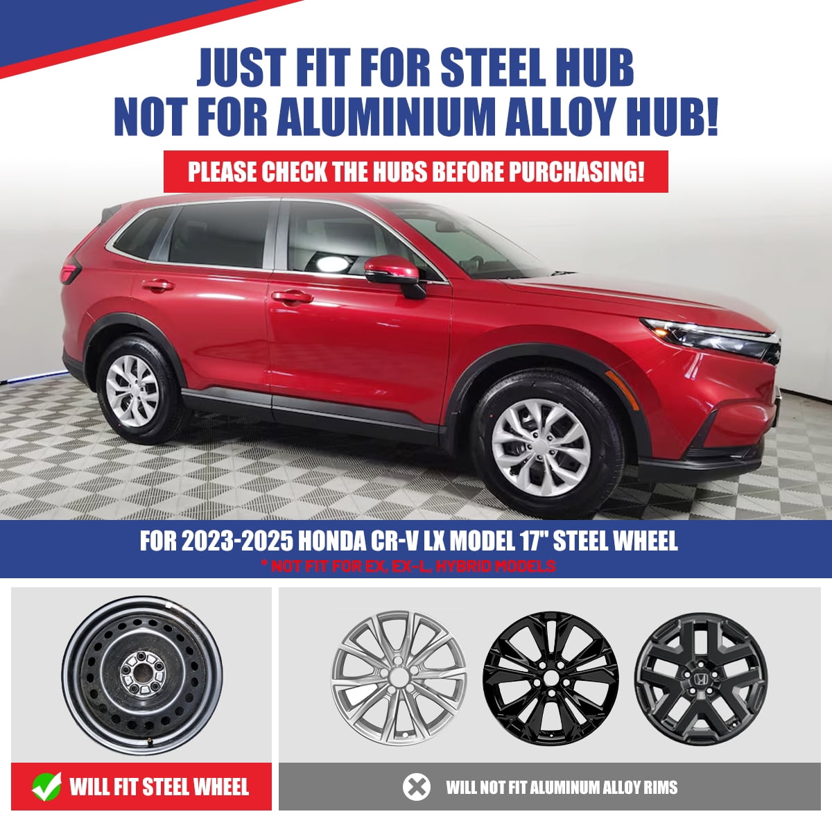 1 Pc 17" Steel Wheel Hubcaps for 2023-2025 Honda CR-V LX Model,Wheel Rim Cover,Snap on Car,PP,Lacquer