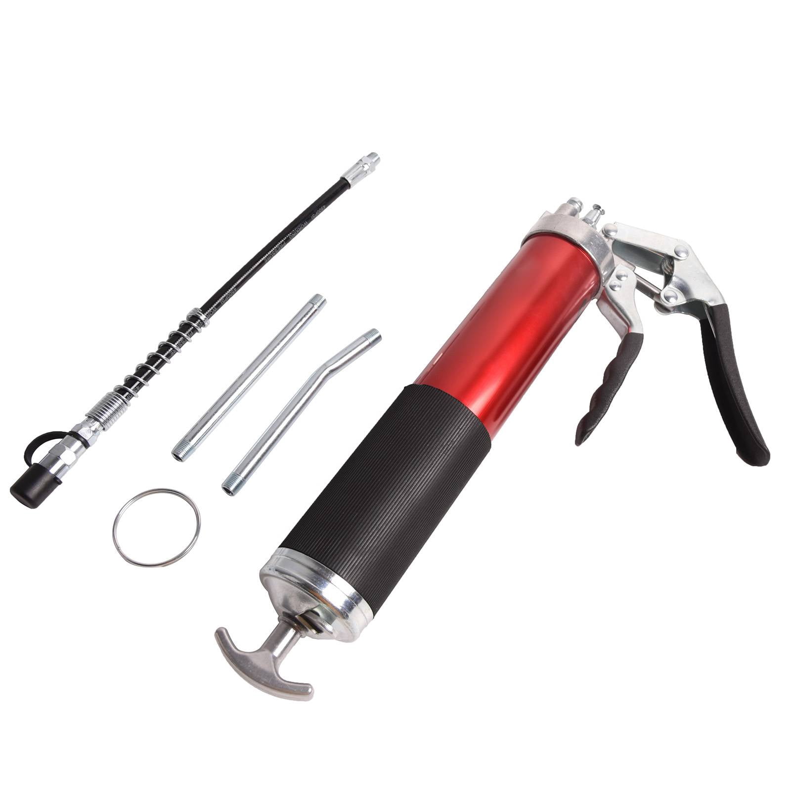 Dawot Hand Grease Gun, 5000 PSI Pistol Grip Grease Gun Set 14oz Load Greasegun with 15" Spring Flexible Hose, Sharp Type Nozzle, Extension Rigid Pipe, Angled Extension Pipe