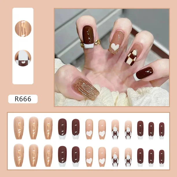 Heallor-uñas postizas de Ballet francés, manicura de cobertura completa, 24 piezas, corazón de amor, larga, desmontable