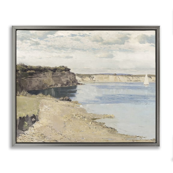 Stupell Industries Coastal Still Morning Oceanside Cliffs and a Sailboat Gray Floating Frame Canvas Art, 21 x 17, by Christy McKee
