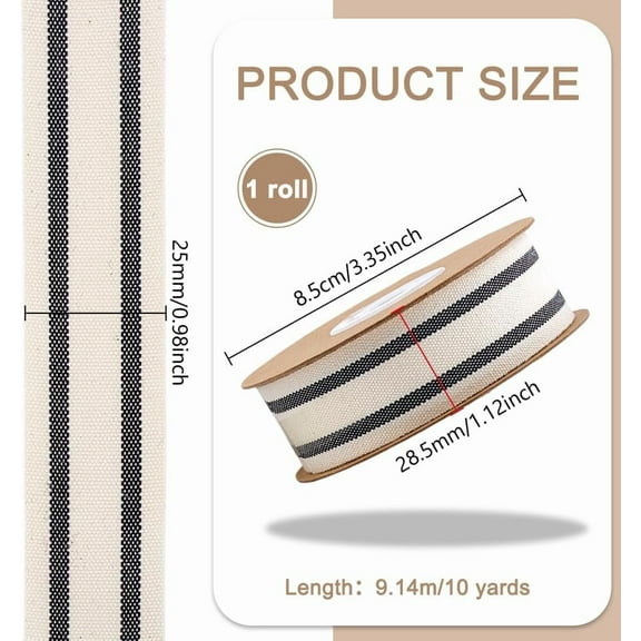 10 Yards Cotton Stripe Ribbon Black Cotton Webbing 1 inch Farmhouse Ribbons Stripes Fabric Ribbons Fabric Trim Roll for Gift Wrapping Home Decor DIY Crafts Bouquet