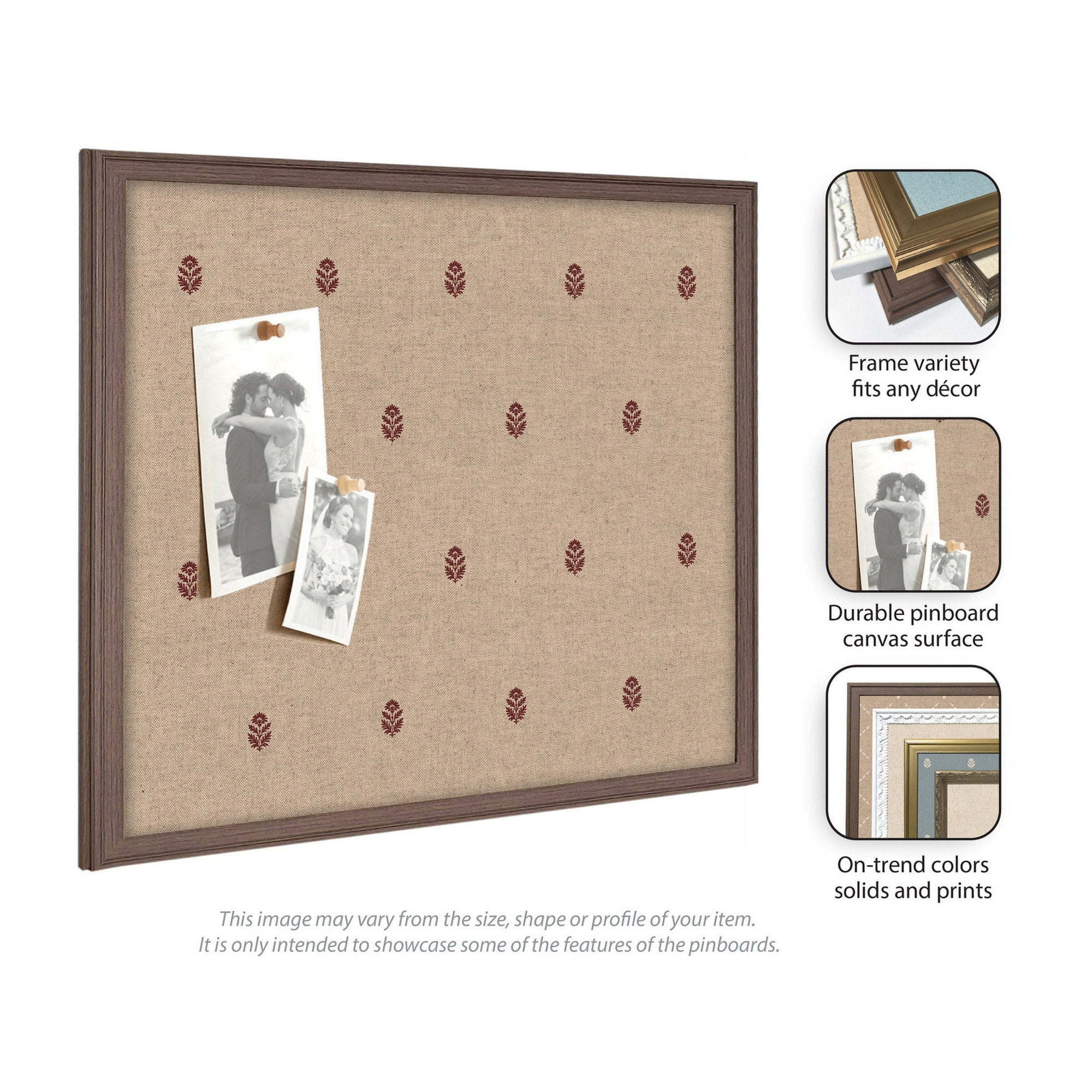 Kate and Laurel Framed Fabric Pinboard 38 x 26, Red Botanical Block Print Printed Linen Classic Bulletin Board for Use as a Vision Board or Wall Organization, Florence Medium Brown Frame