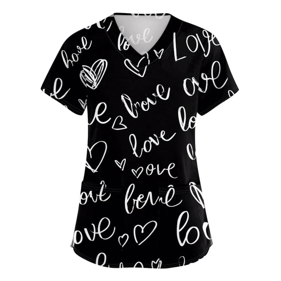 ASDFVBKG Women Valentine's Day Scrubs Top Short Sleeve V-Neck Medical Uniform Pocket Love Heart Print Plus Size Comfy Workwear Scrub Tops Black 2XL