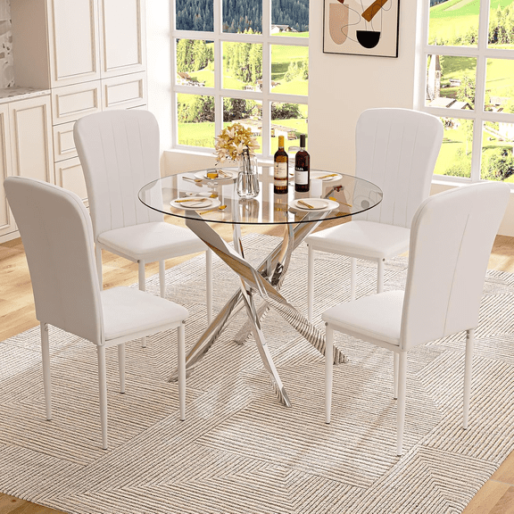 Round Dining Table Set for 4, Modern Glass Dining Room Table with Chairs, 5 Piece Kitchen Table and Chairs Set, for Living Room, Small Space (Include 4 White Chairs)