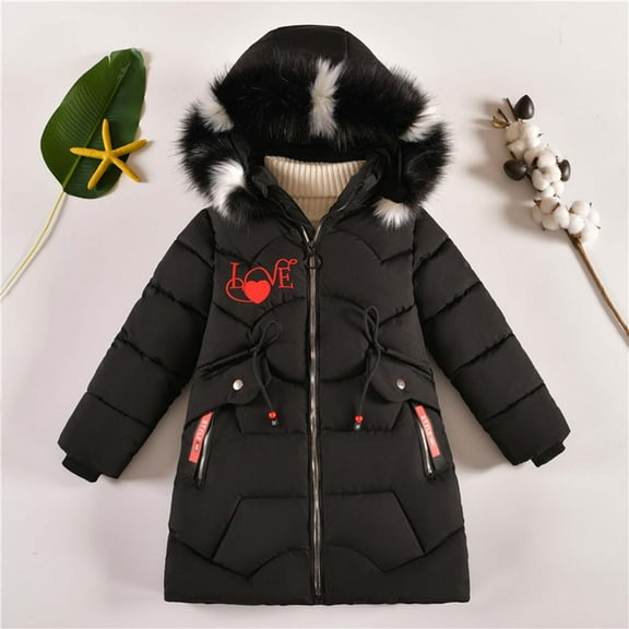 Winter Coat for Girls with Hooded Puffer Jacket Kids Letter Print Puffer Jacket Full-Zip Long Sleeve Waterproof Kids Thicken Jacket Girls' Outerwear Jackets 6-7 Years