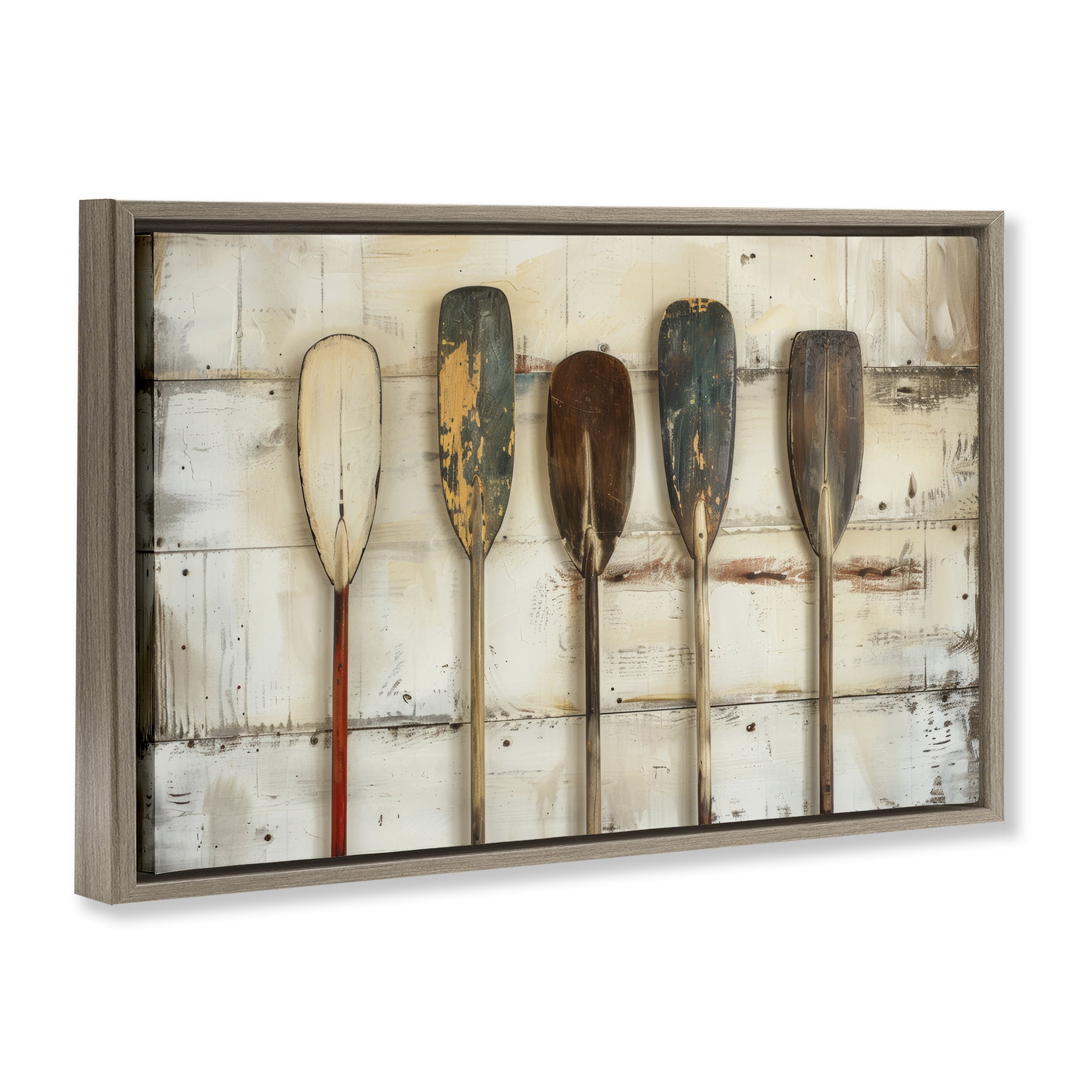 Stupell Industries Rustic Oar Lineup Nautical & Beach Painting Brown Floater Framed Canvas Art Print Wall Art, 31 x 21