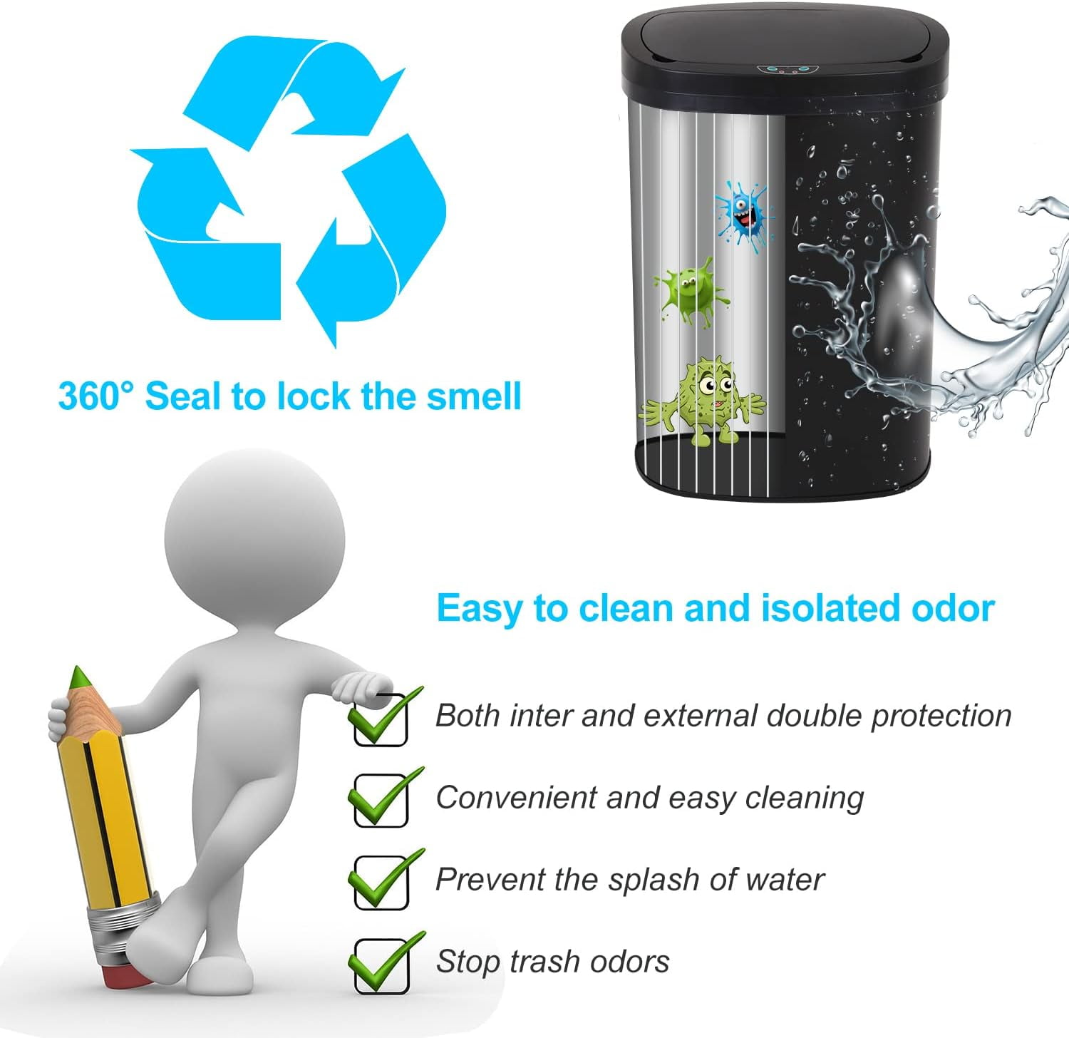 BIQWBIC 13 Gallon Automatic Trash Can, Touchless Stainless Steel Kitchen Garbage Can, Black