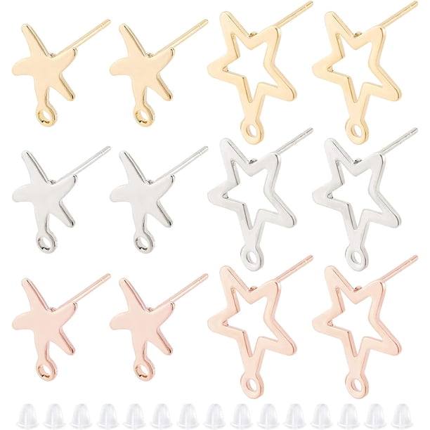 60 piezas de 6 estilos de pendientes de botón con aro de estrella, pendientes de poste de acero inoxidable con forma de estrella y 100 tuercas de plástico para pendientes.