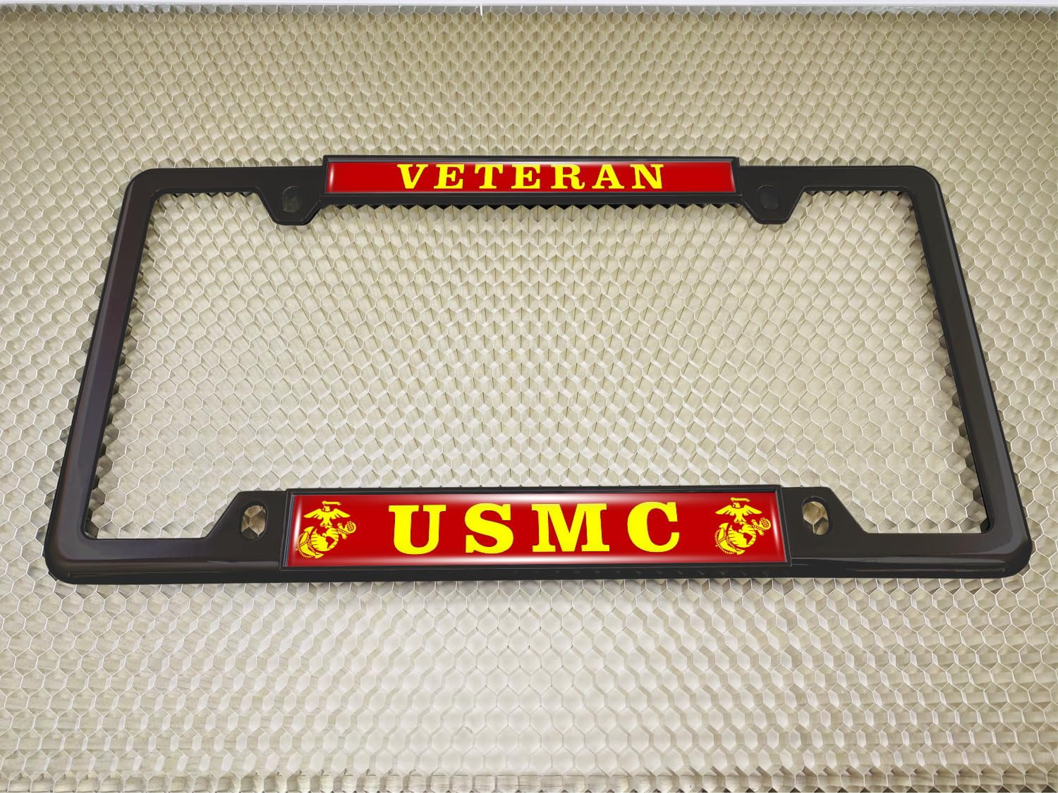 [Officially Licensed US Marine Corps Product] - Veteran USMC with EGA Emblem - Domed Custom-Made Personalized Thin Top 4-Hole Metal Car License Plate Frame with Free caps - Black Frame (Qty: 1)