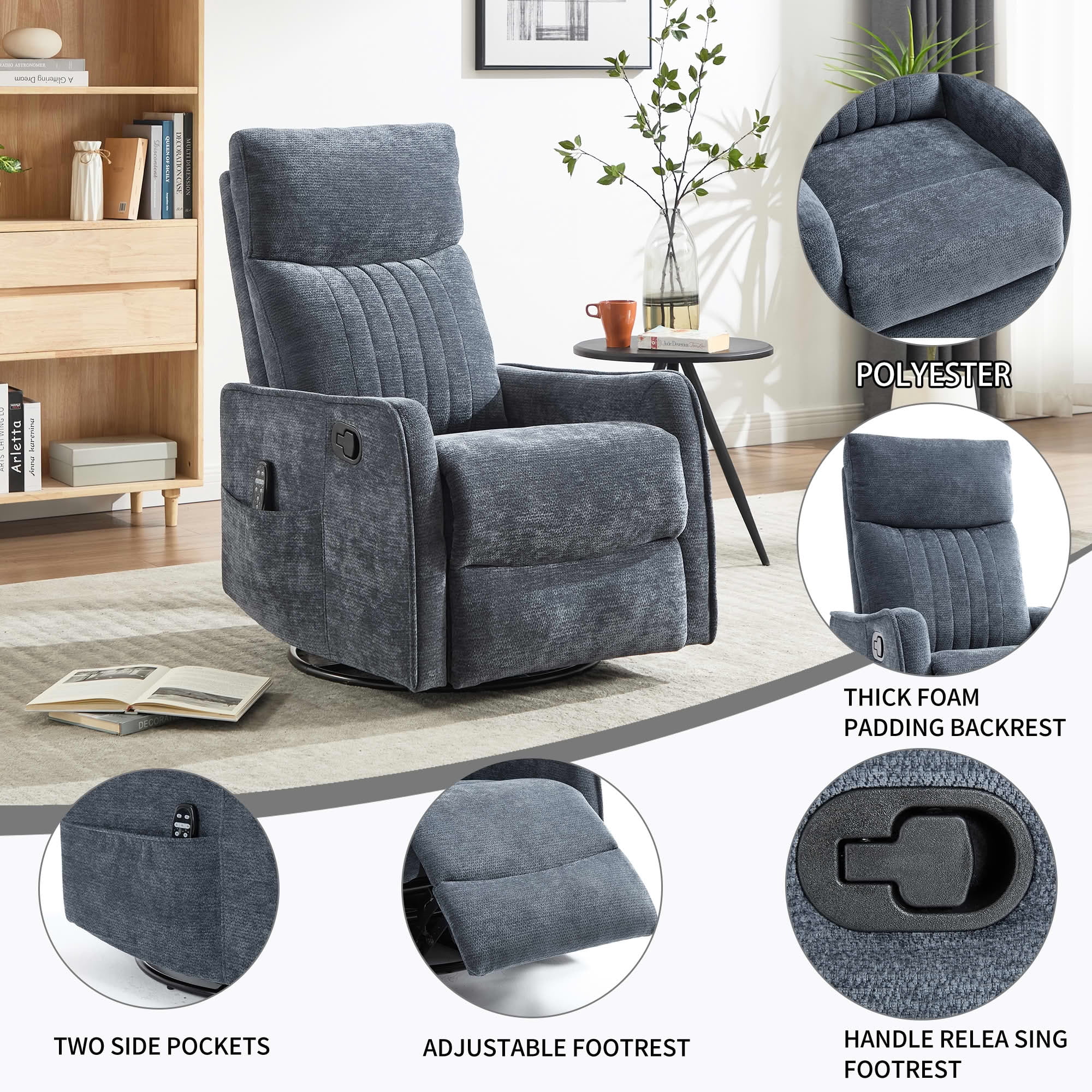 MAYEERTY Blue Chenille Heat Massage Recliner Chair, 360° Swivel Rocker for Living Room, 26x35x39in