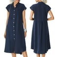 thumbnail image 2 of New Style Cardigan Stand Collar Single Breasted Cotton Linen Pocket Large Size Dress Petticoat for Women Navy Blue M, 2 of 6