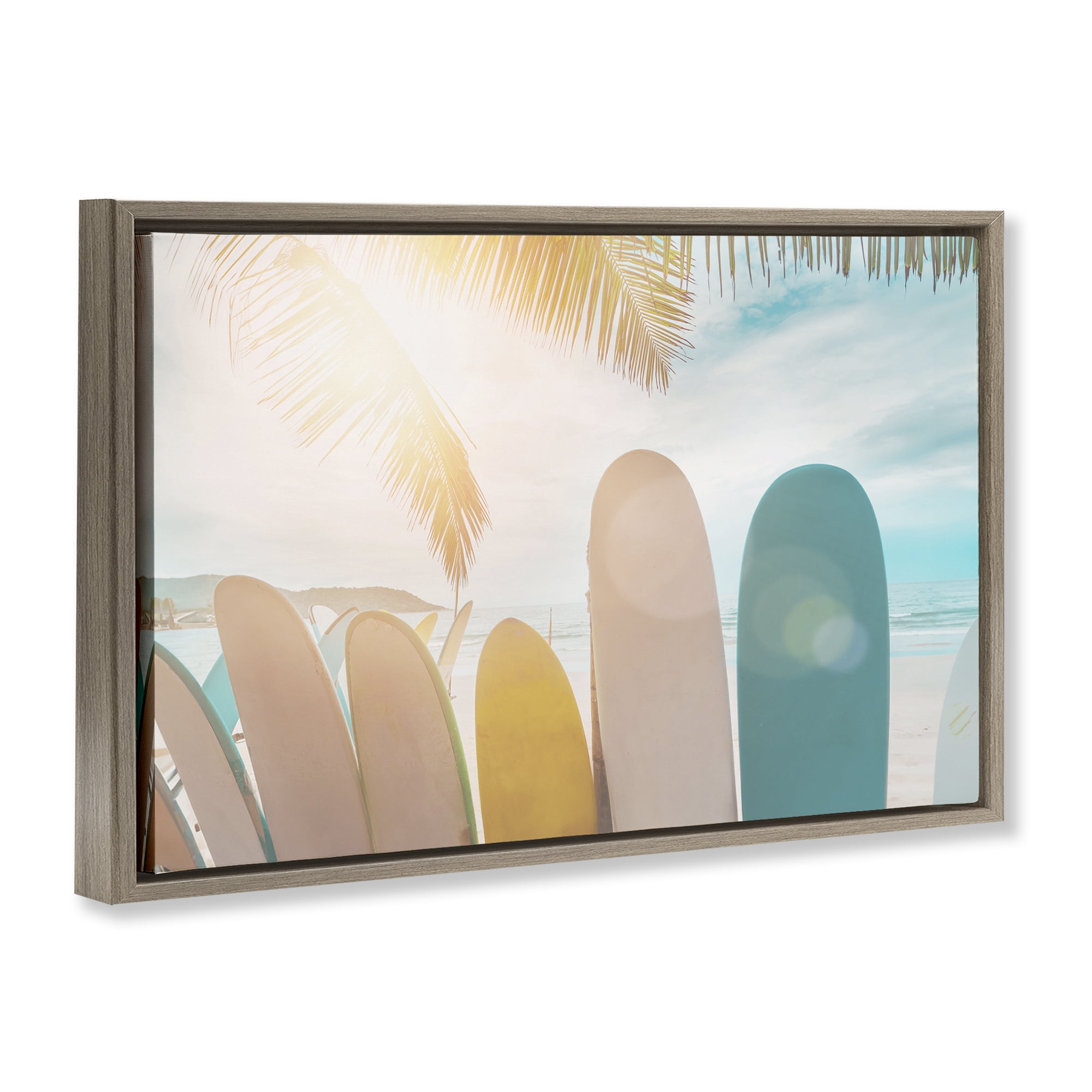 Stupell Industries Sunny Beach Surfboards Sports Photography Brown Floater Framed Canvas Art Print Wall Art, 25 x 17