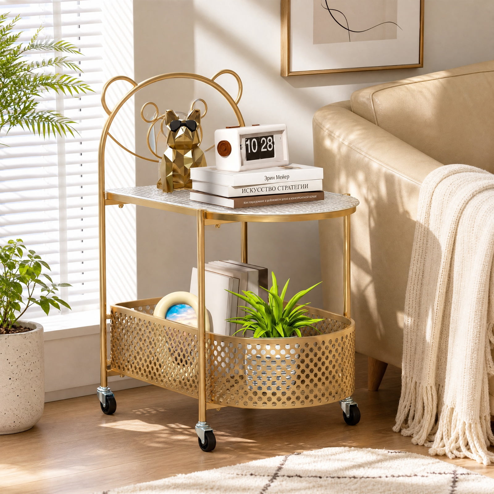 Furnibear 2 Tier Mobile Glass Coffee Table with Rolling Casters and Bear Pattern Storage Basket for the Small Living Room, Golden