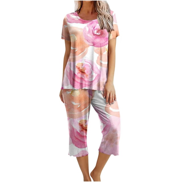 Conjunto de Verano para las Mujeres Impreso Cuello Redondo sin Mangas Y Pantalones, Casual de Dos Piezas para las Mujeres
