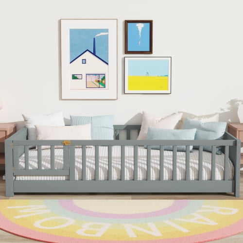 Bellemave Twin Size Floor Bed with Fence and Door, Montessori Floor Twin Bed with Built-in Book Rack, Solid Wood Twin Bed with Slats and Safety Guardrails, Grey