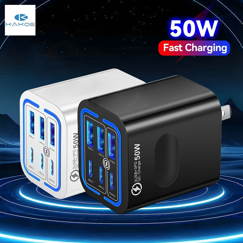 General 2pcs / 5pcs 50W 3 Type-C + 3 USB 6 Ports Mobile Phone Fast Charging Adapter USB Type C QC 3.0 Qiuck Charge Adapter Travel Charger Wall Charger for Iphone 16 Pro Max 15 14 13 12 for Samsung