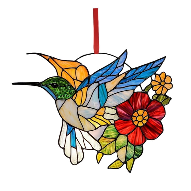 Colgante de vitral de colibrí con cadena, atrapaluz decorativo para salas, cocinas e ideas de regalo.