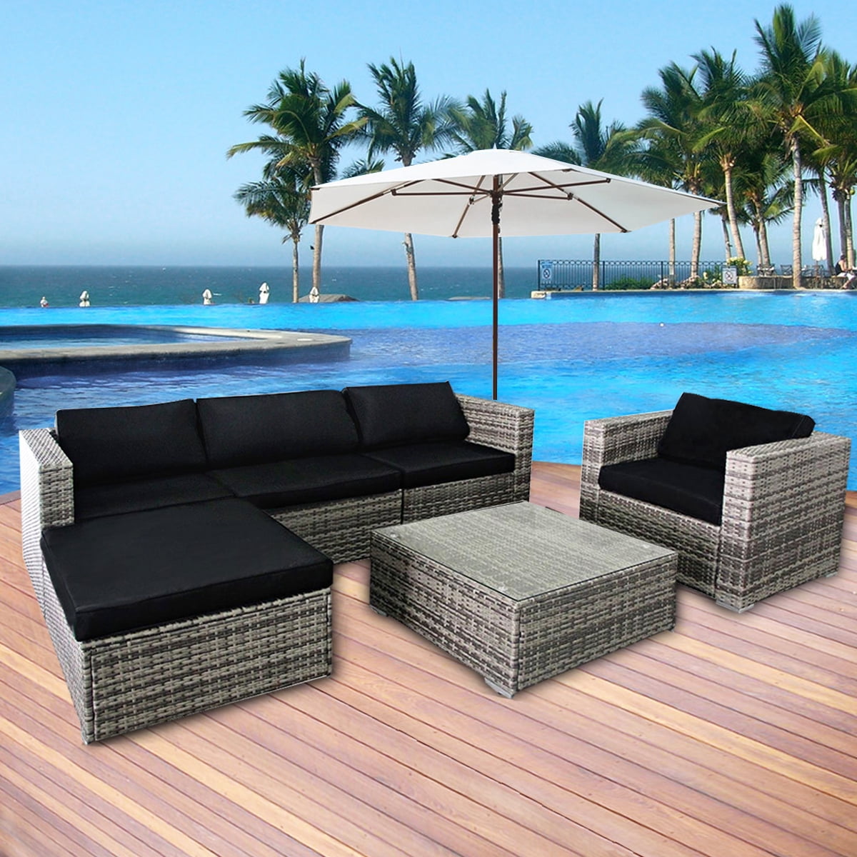 Cloud Mountain 6 Piece Rattan Wicker Furniture Set Outdoor Conversation