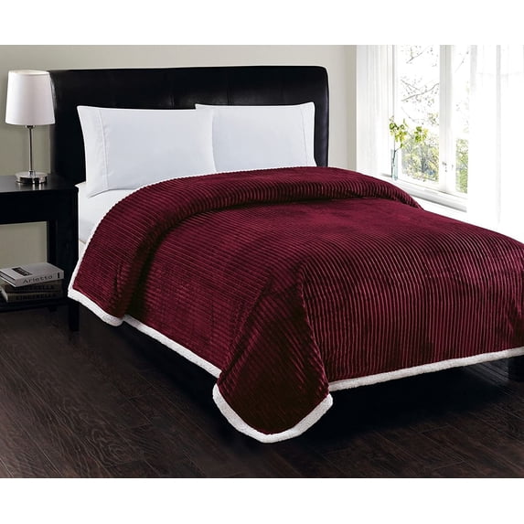 LushElegance Ultra Plush Reversible Sherpa Corduroy Blanket (King, Burgundy)