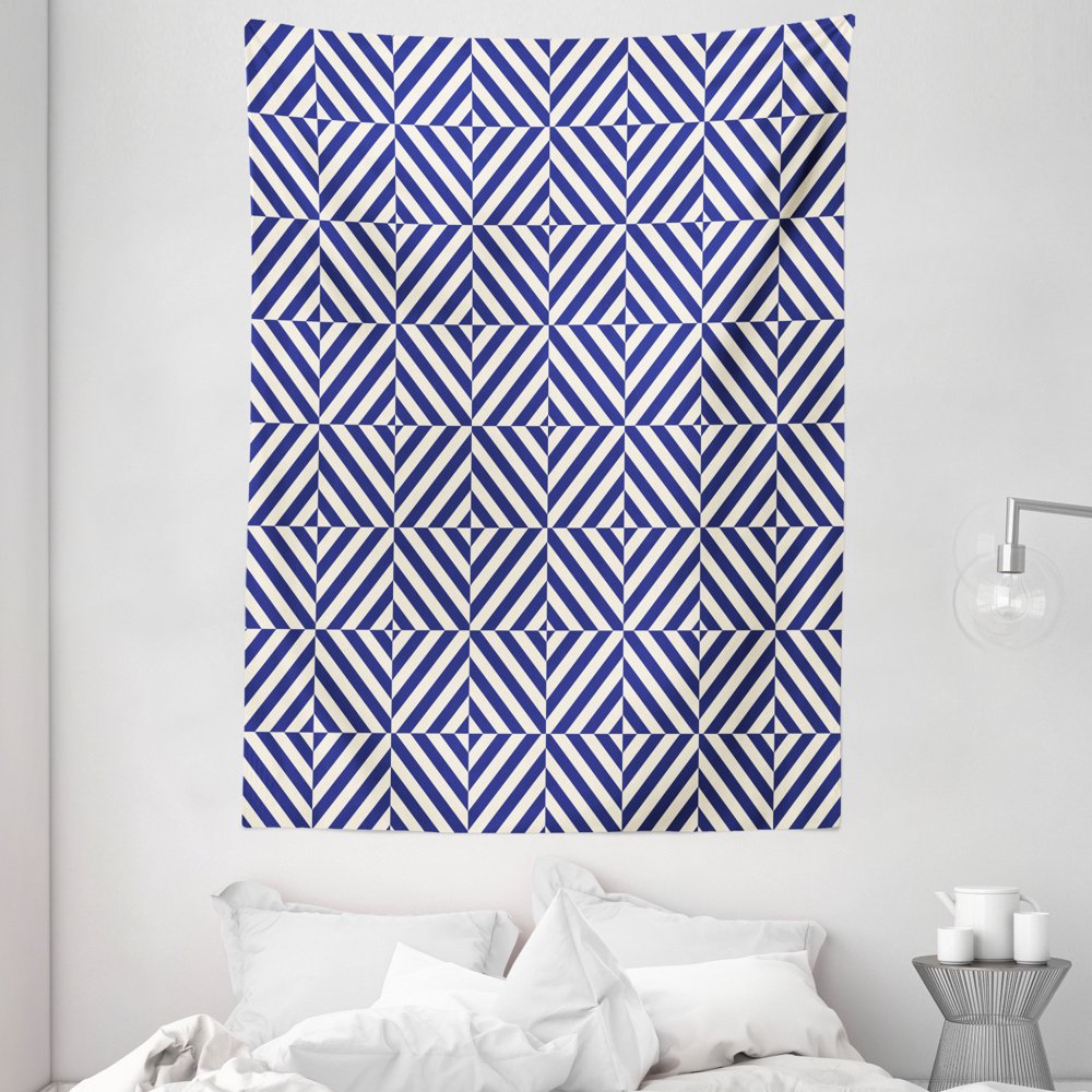 Navy Blue Decor Tapestry, Symmetric and Asymmetric Geometric Pattern