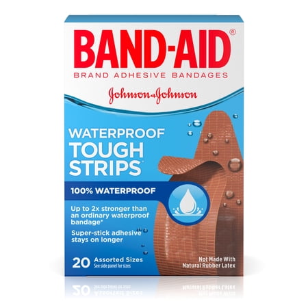 Band-Aid Brand Tough-Strips Waterproof Adhesive Bandages, Durable Protection for Minor Cuts and Scrapes, Assorted Sizes, 20 Count