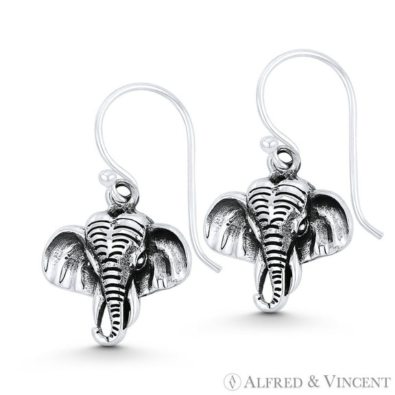 Elephant Head Animal Charm Dangling Hook Earrings in Oxidized .925 Sterling Silver