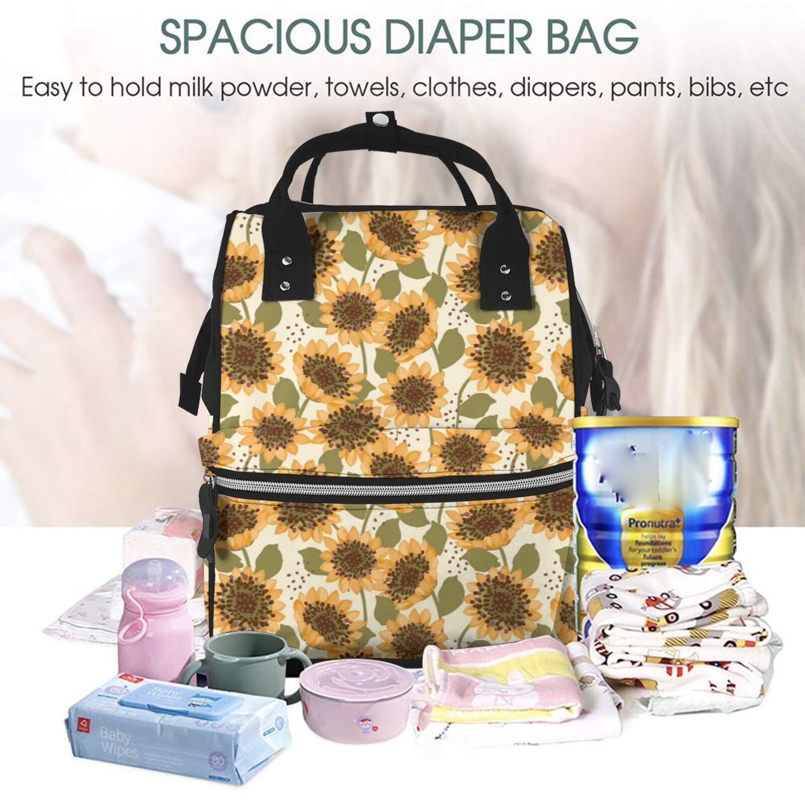 Fuzoiu Autumn Sunflowers Print Diaper Bag Backpack,Baby Essentials Travel Tote,Multi function Waterproof Diaper Bag, Travel Essentials Baby Bag - Unisex