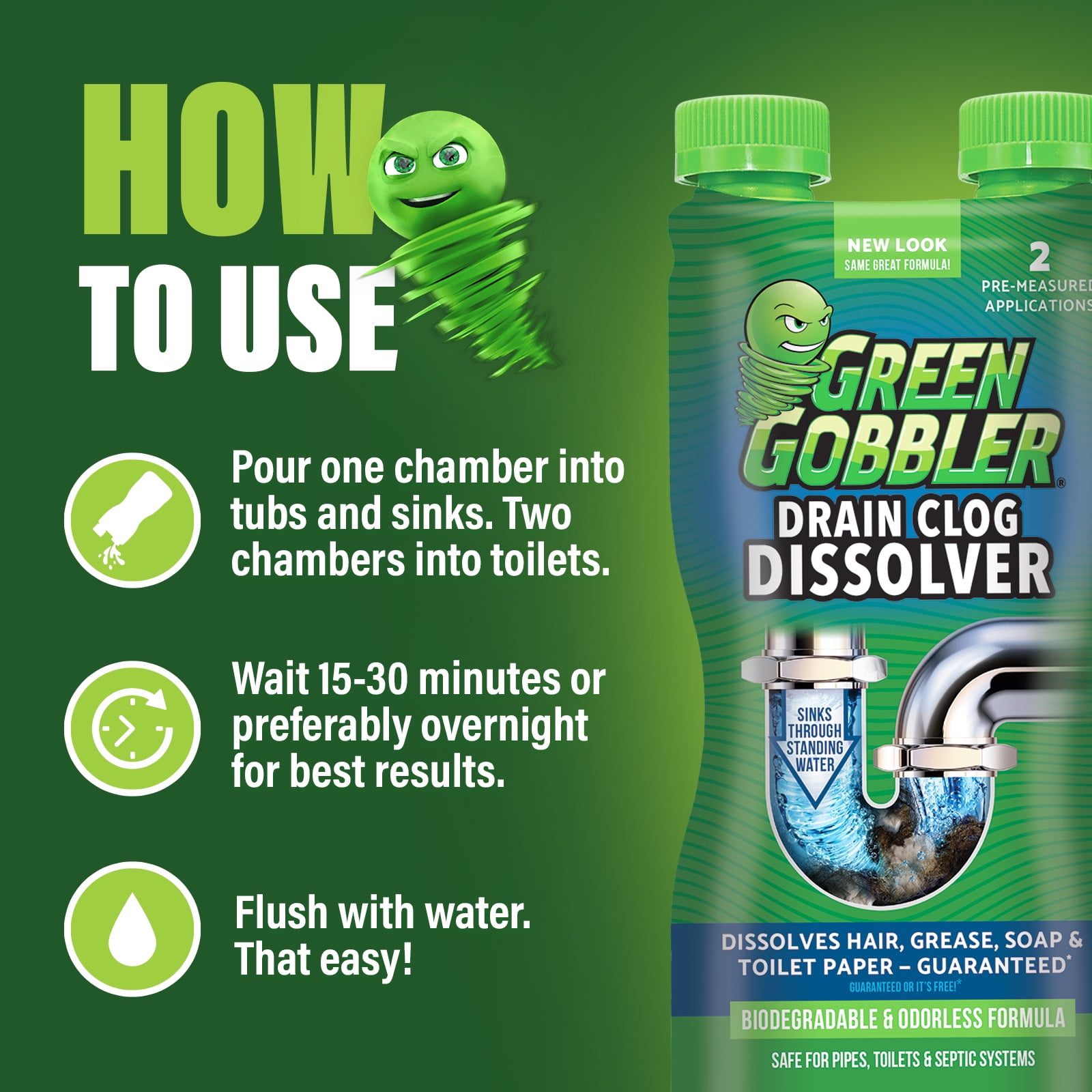 Green Gobbler Liquid Hair Drain Clog Remover, For Toilets, Sinks, Tubs &  Fresh Scent Drain Sticks, 12 Pack