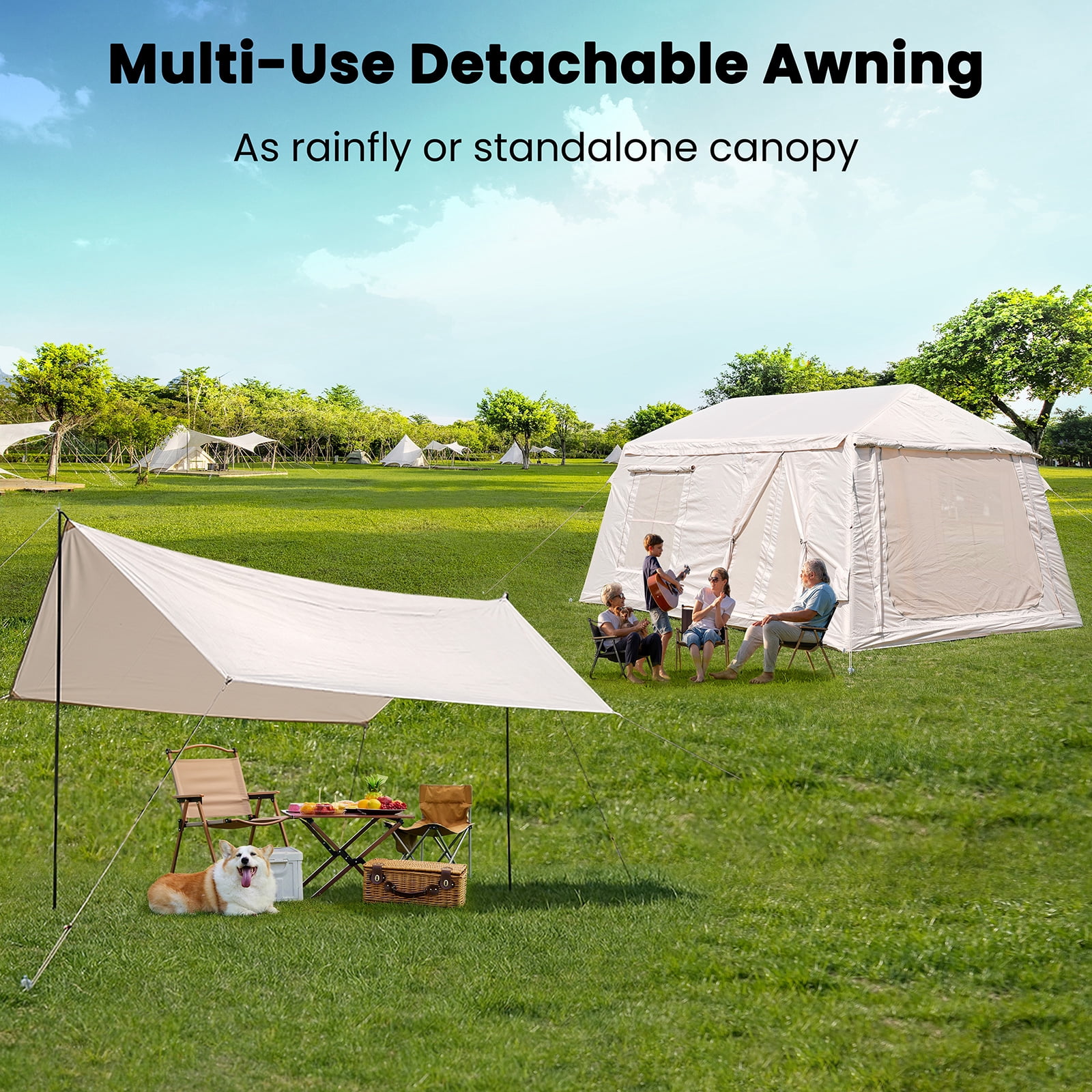 Slsy 8-10 Person Inflatable Camping Tents with Canopy, Air Glamping Tents w/ Hand Pump & Carry Bag, Easy Setup Waterproof Windproof Blow up Tent, 4 Seasons Oxford Cabin Tent with Mesh&Chimney Window