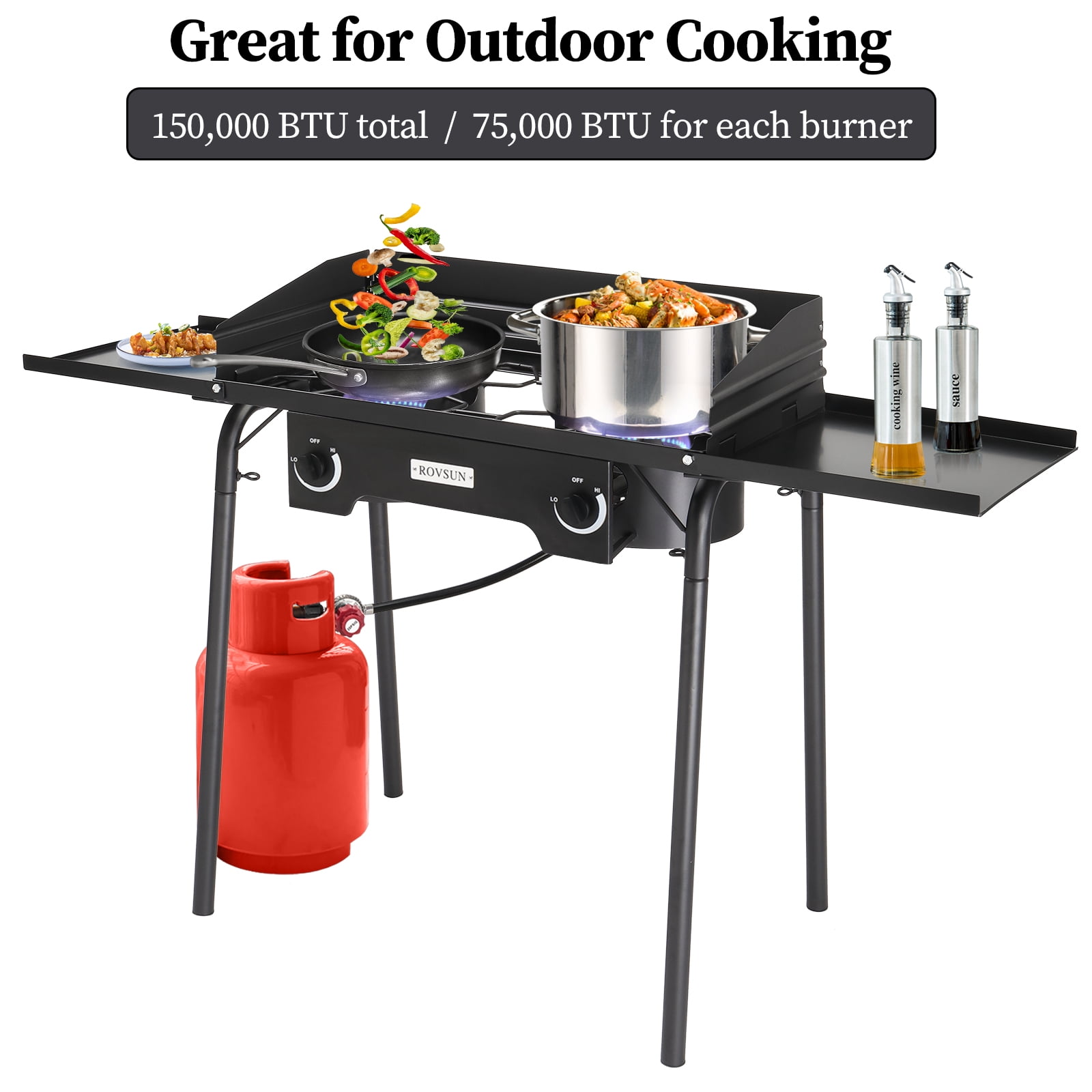 GoDecor 2 Burner 150000 BTU Propane Cooker Outdoor Camping Stove w/Side Shelves
