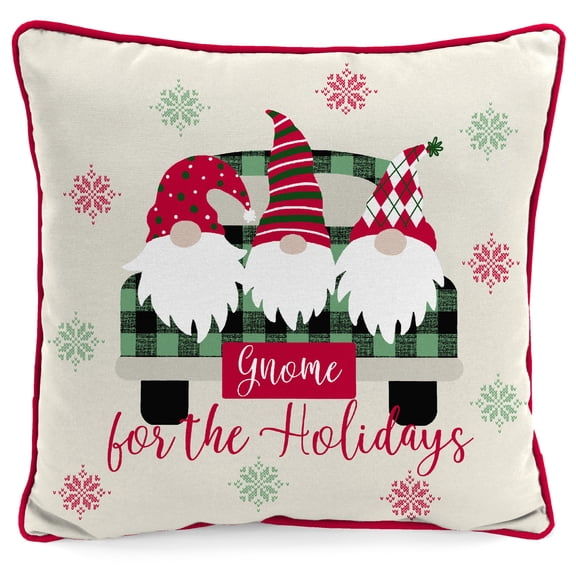 Jordan Manufacturing 16" x 16" Gnome For the Holidays Natural and Snowflakes Red Novelty Reversible Square Outdoor Throw Pillow with Welt