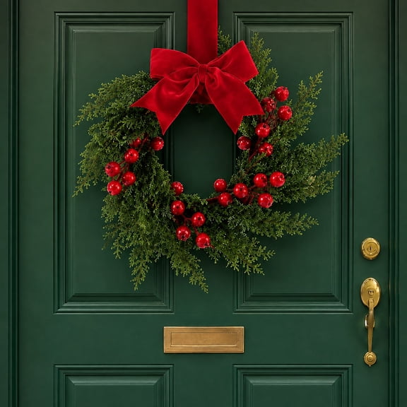 Christmas Wreath for Front Door, Artificial Evergreen Wreath with Red Berries and a Classic Red Bow, Holiday Christmas Decorations for Indoor Outdoor Wall Window Farmhouse Decor