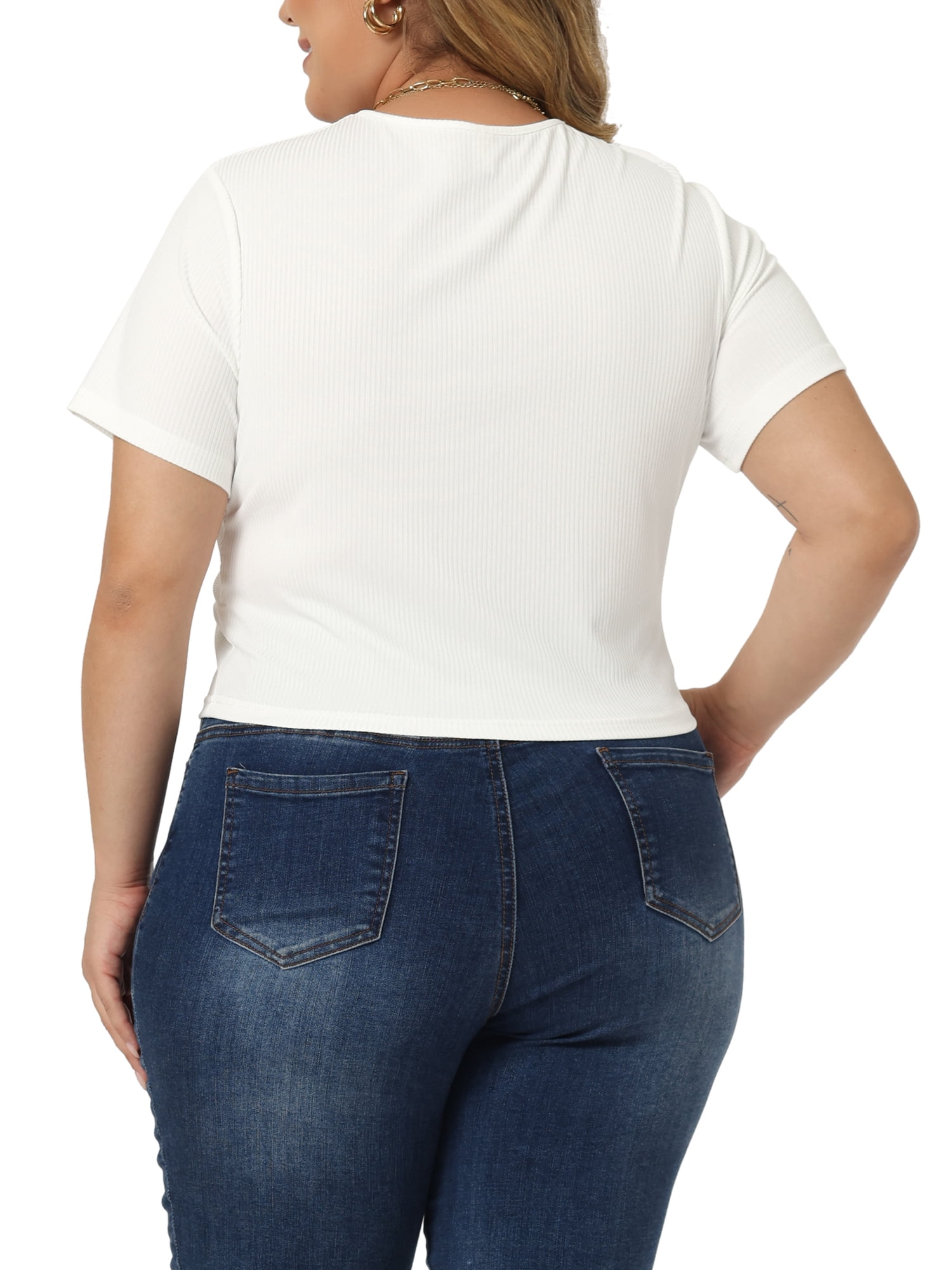 Women's Plus Size Twist Front V Neck Ribbed Short Sleeve Casual Solid Blouses White 1X