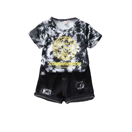 

Kucnuzki 3T Toddler Boy Summer Outfits Shorts Sets 4T Short Sleeve Tie Dye Carton Letter Prints Cozy Tops Elastic Shorts 2PCS Set Black