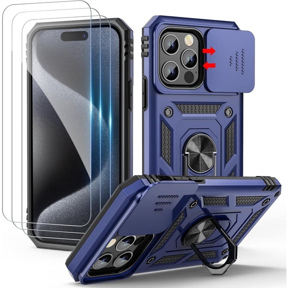 for iPhone 15 Pro Max Case with Screen Protector[3 Pack]   Slide Camera Cover   360° Rotated Ring Magnetic Kickstand, Heavy Duty Shockproof Protective Cover for iPhone 15 Pro Max 6.7 inch