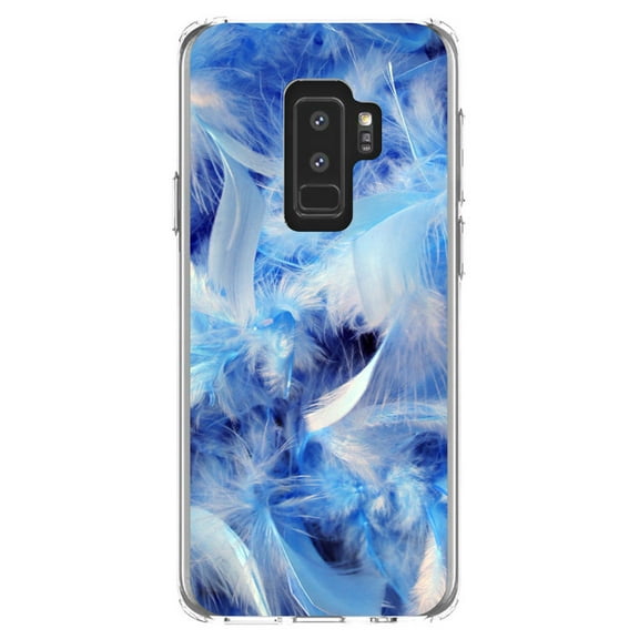 DistinctInk Clear Shockproof Hybrid Case for Samsung Galaxy S9  PLUS (6.2" Screen) - TPU Bumper, Acrylic Back, Tempered Glass Screen Protector - Blue Feathers