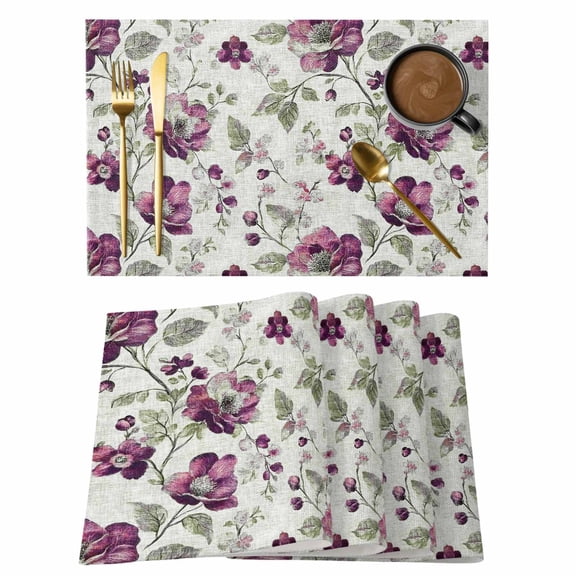 Spring Floral Placemats Set of 8 Red Flowers Leaves Botanical Vintage Beige Place Mats Indoor Wipeable Table Mats Washable Cloth Dining Table Placemats for Kitchen Holiday Party Home Decor 13x19 Inch