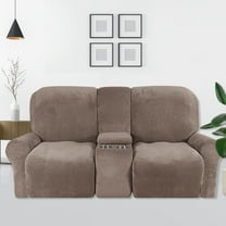 SHANNA Reclining Loveseat Cover with Middle Console Slipcover, 8-Piece Velvet Stretch 2-Seater Recliner Sofa Covers,Khaki