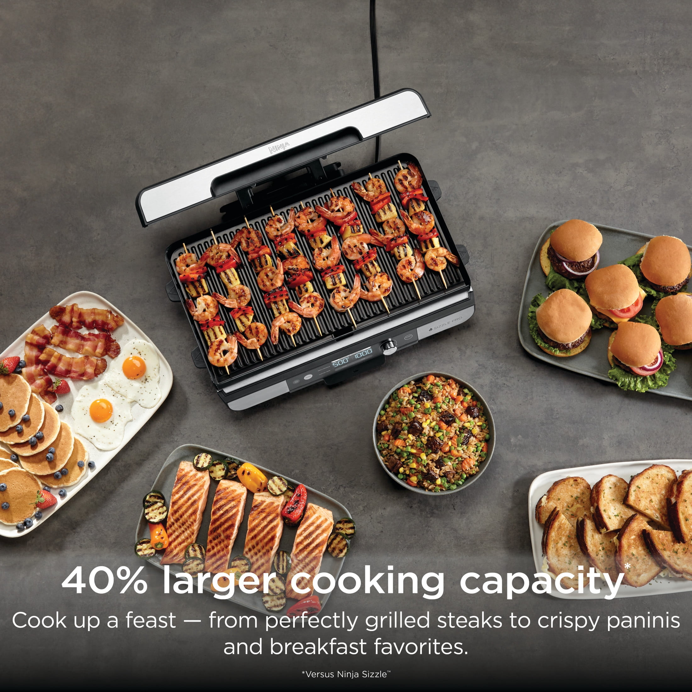 Ninja Sizzle Pro XL 8-Serving Electric Indoor Griddle & Grill, 20-Inch Plates, Edge-to-Edge Heating, GX101, Silver