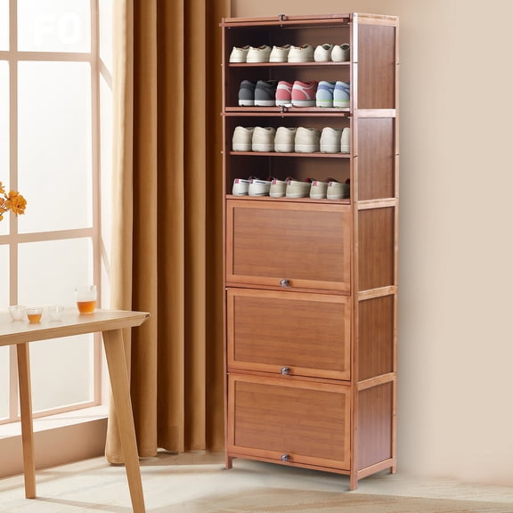 Aiqidi 10 Tier Tall Bamboo Shoe Storage Cabinet Freestanding Shoe Storage Rack Bookshelf with Doors Large Capacity Household Shoes Clothes Toys Storage Organiser for Entryway Living Room(60*32*172cm)