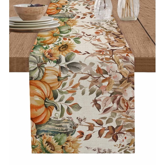 ERUNPONLY Thanksgiving Table Runner - 36 Inch Long Orange Green Pumpkin Sunflower Autumn Cotton and Linen Blended Dress Scarves Farmhouse Table Runner for Kitchen Dining, Coffee Table, 13"x36"