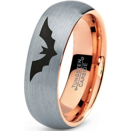 Angel Wings Jewelry Men Tungsten Bat Spread Wings Band Ring 7mm Men Women Comfort Fit 18k Rose Gold Dome Brushed Gray Polished ()